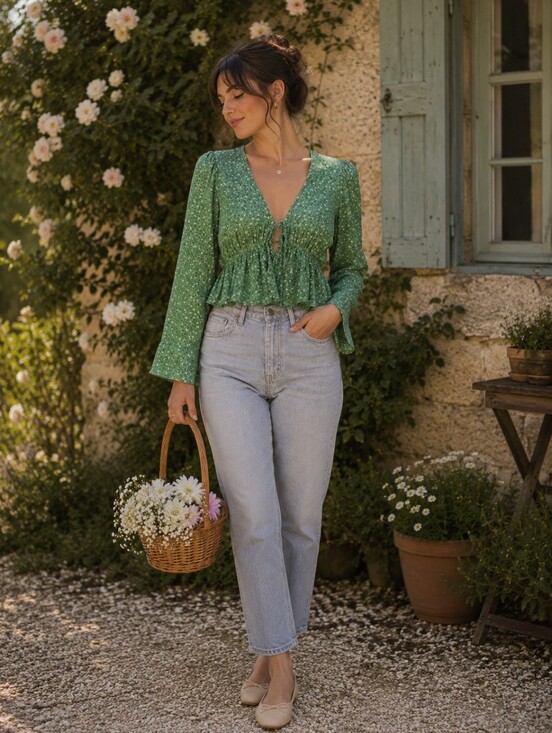 OAK + FORT Tops - OAK + FORT Green Floral V-Neck Peplum Tie-Front Blouse